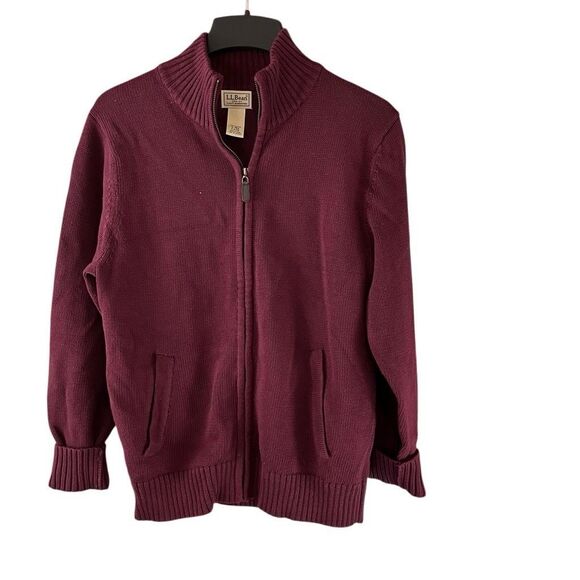 LL Bean Full Zip Sweater Burgundy Wine 100% Cotton Hand Pockets Small Reg OHJS6 - Picture 1 of 5